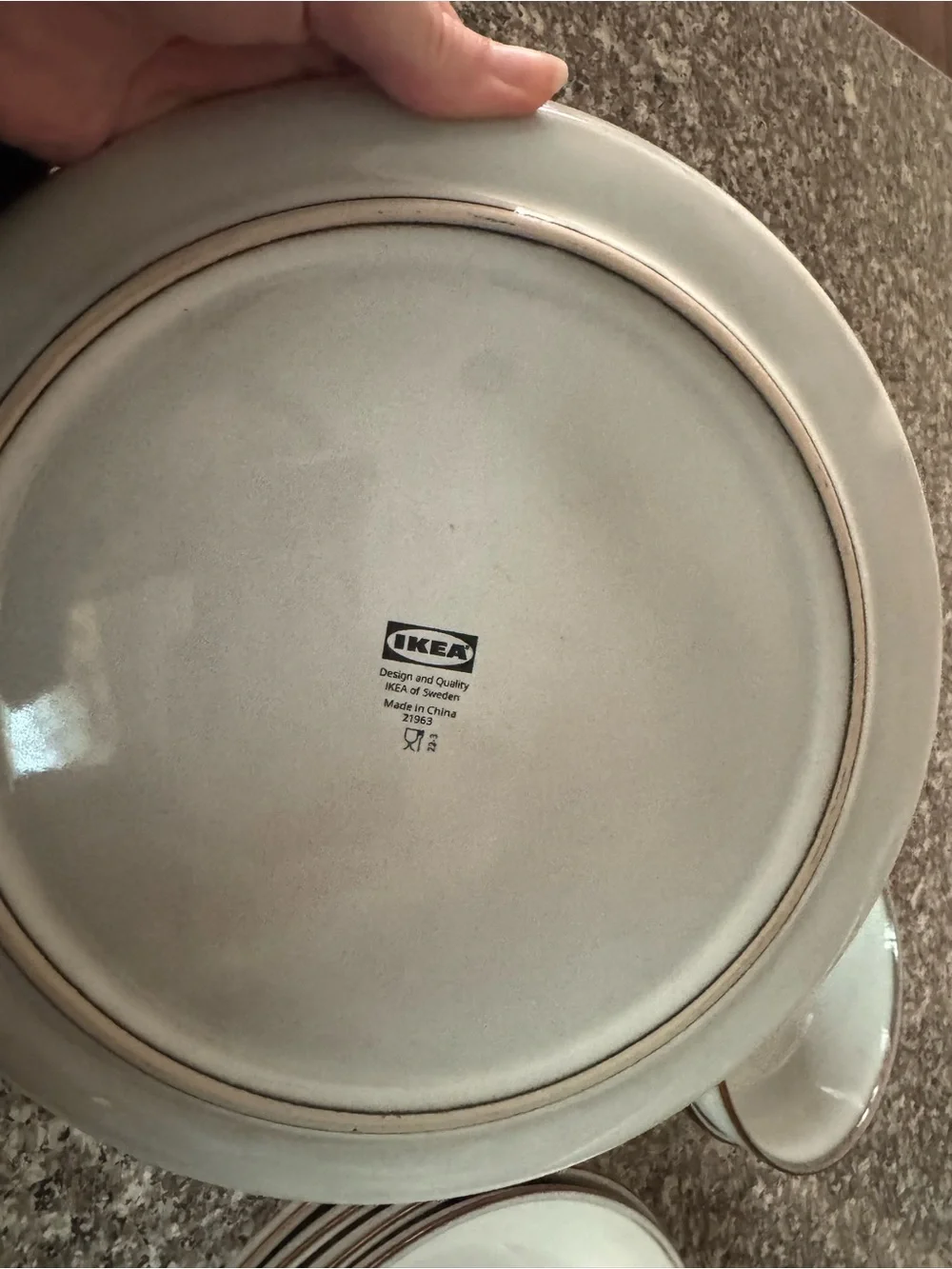 IKEA Gladelig Stoneware Dinnerware Set - Pale Gray with Brown accent Rim